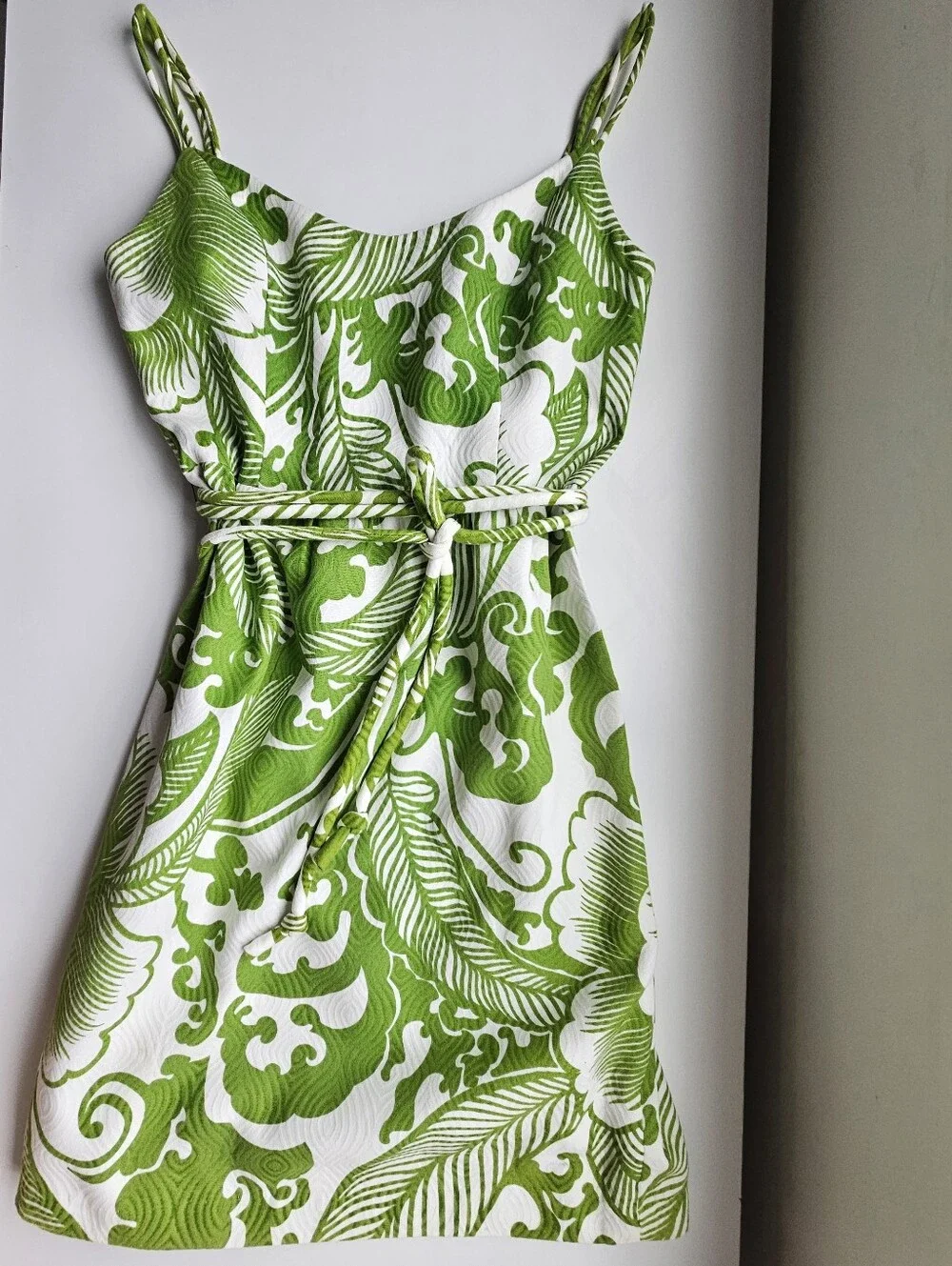 Milly New York Tropical Green And White Quilted Rope Belted Lined Mini Dress